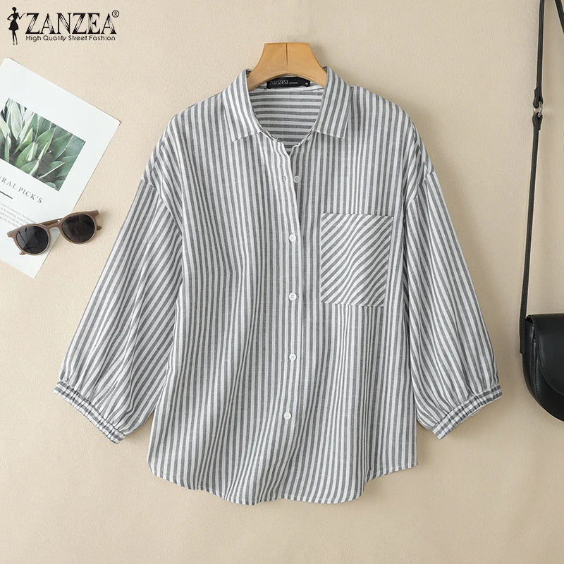 ZANZEA Women Casual Striped Shirts 2025 Summer 3/4 Lantern Sleeves Turn-Down Collar Chemises Femme Commute Office Work Tops