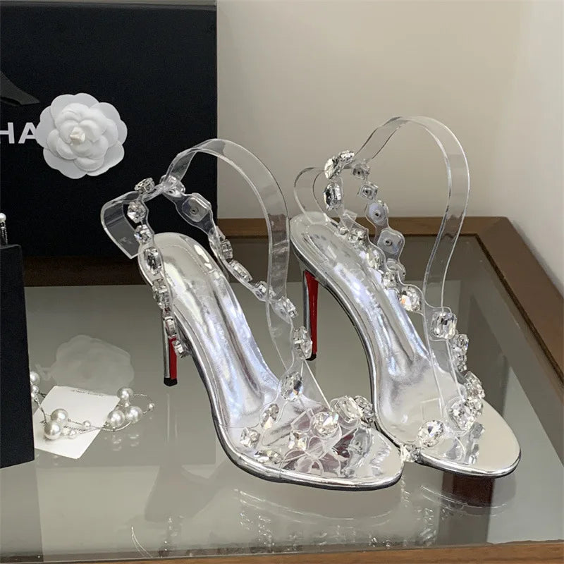 Multicolor Rhinestone Ankle Strap Stiletto Heels for Women