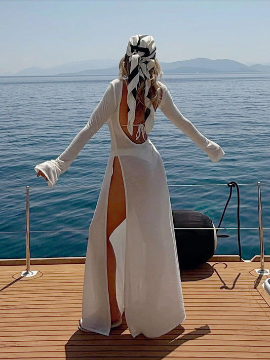 Women's White Knit See-through Swimwear Cover-up 2025 Summer Fall Clothes Sexy Backless Long Sleeve Split Beach Maxi Dress C82