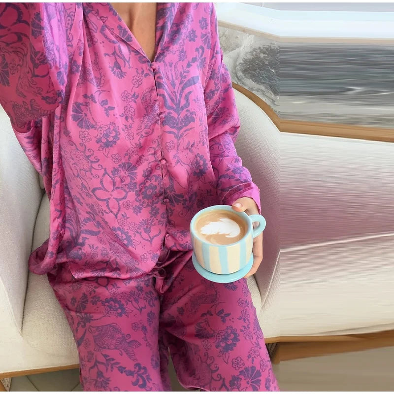 Casual Print Blouse and Wide Leg Pants Set for Women