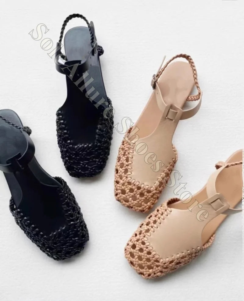 Woven Leather Closed Toe Sandals With Adjustable Buckle For Women