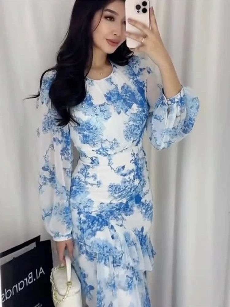 Cascading Ruffle Print Long Sleeve Maxi Dress for Women