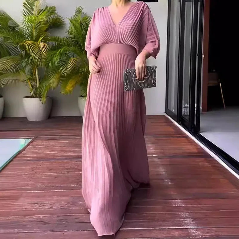 Solid Color V-Neck Bat-Sleeve High-Waisted Dress for Women