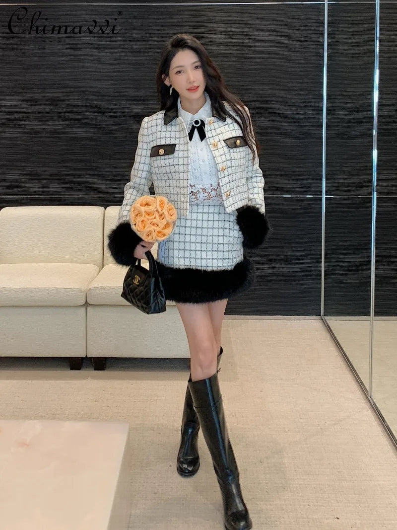 High-end French Fashion White Plaid Tweed Coat High Waist Short Skirt Long Sleeve Dress 2025 Autumn Winter Women's Clothing