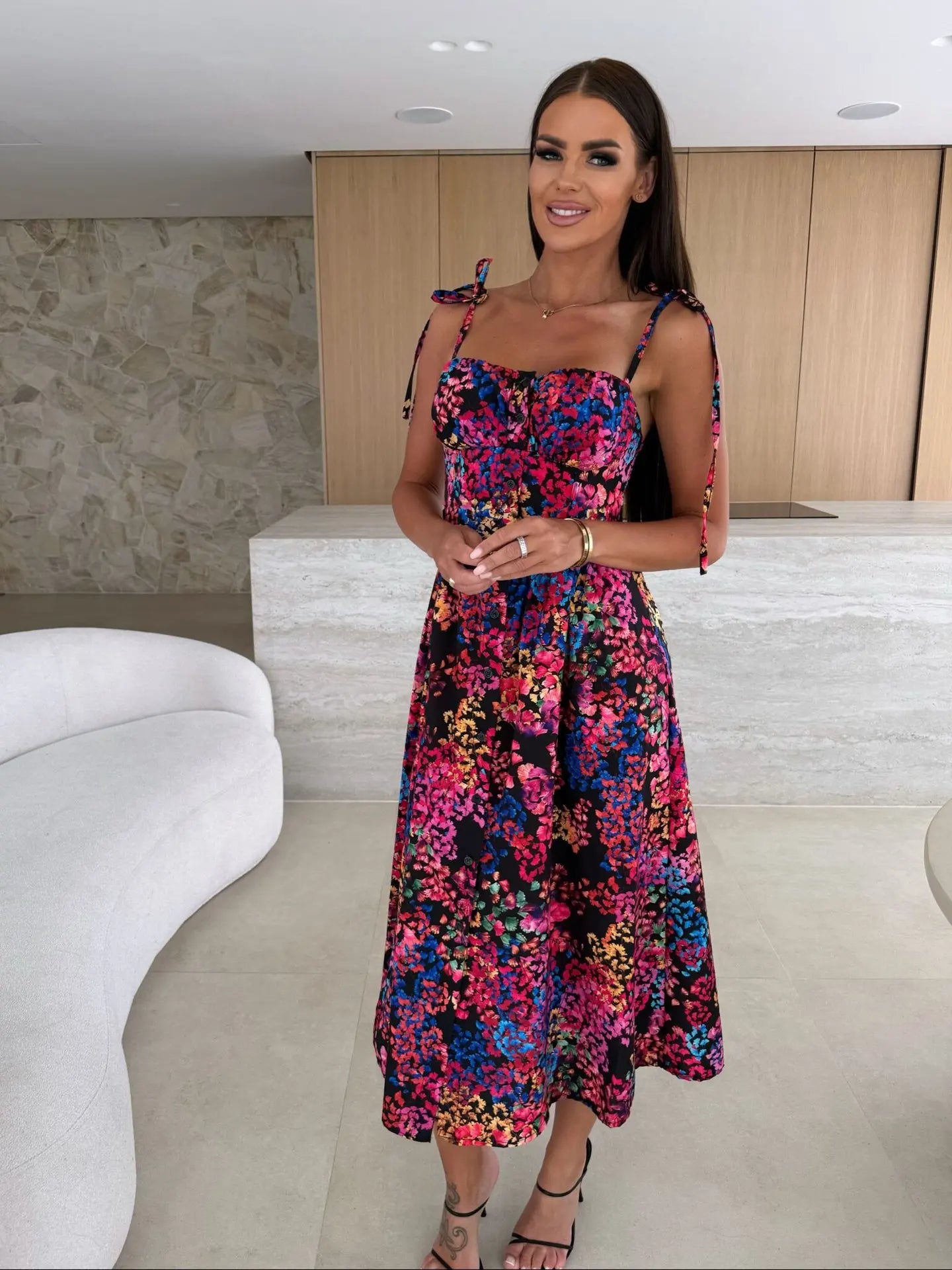 Boho Print Sleeveless A-Line Casual Midi Dress for Women