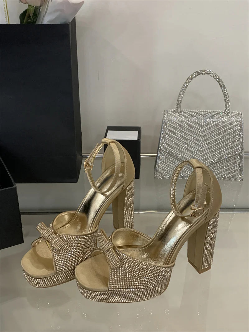 Crystal Bowknot Open Toe Platform Sandals for Women