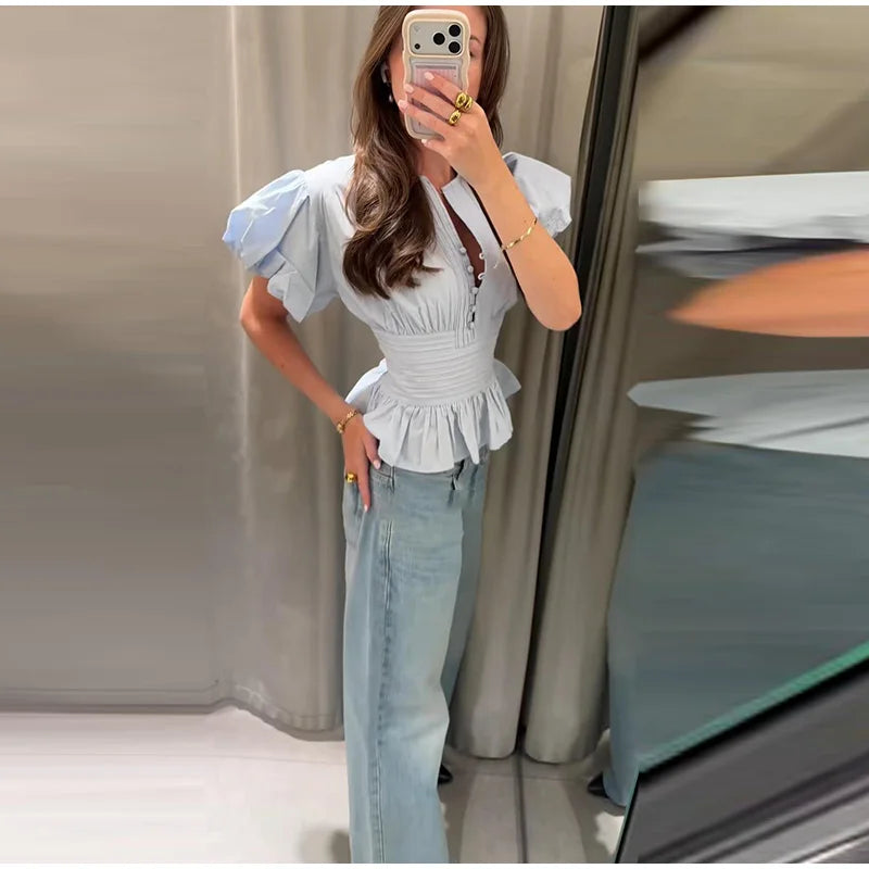 Elegant Puff Sleeve Cinched Waist Solid Color Blouse for Women