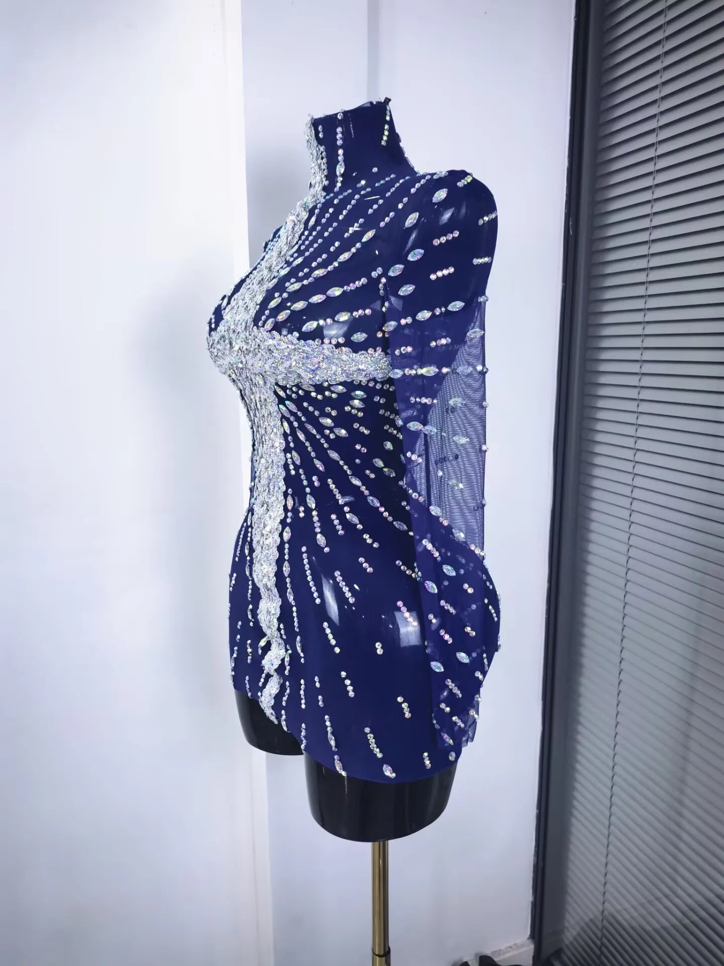 Purple Color Women Long Sleeve Sexy Shining Sequins Bodycon Mini Dress Mesh See Through Celebrate Nightclub Party Outfit