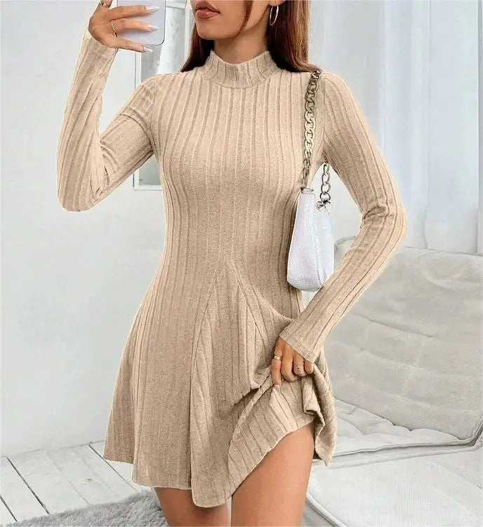 2026 New European and American Women's Slim Fit Half-Turtleneck Waist-Cinch A-Line Ribbed Long-Sleeve Dress