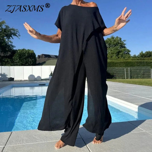 Chic Crew Neck Slit Long Top+High Waist Pant 2 Piece Set Woman Casual Solid Cotton Linen Suits Summer Short Sleeve Loose Outfits