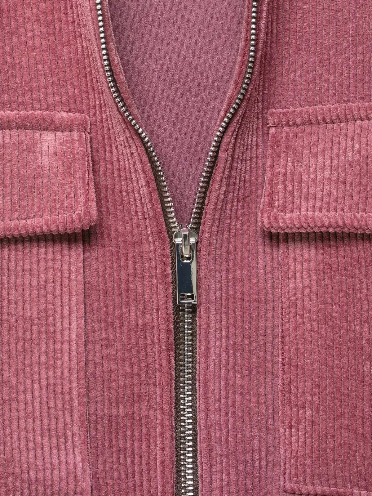 Pink Corduroy With Zipper And Pockets Long Sleeve Jacket for Women