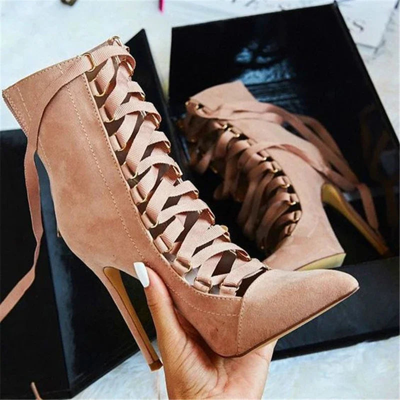 Flock Lace Up High Heel Pointed Toe Ankle Sandals For Women
