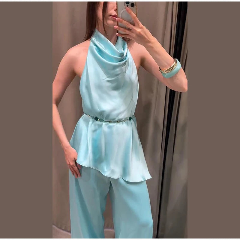 Turquoise Satin Cowl Neck Halter Top And Wide Leg Pants 2 Piece Set For Women