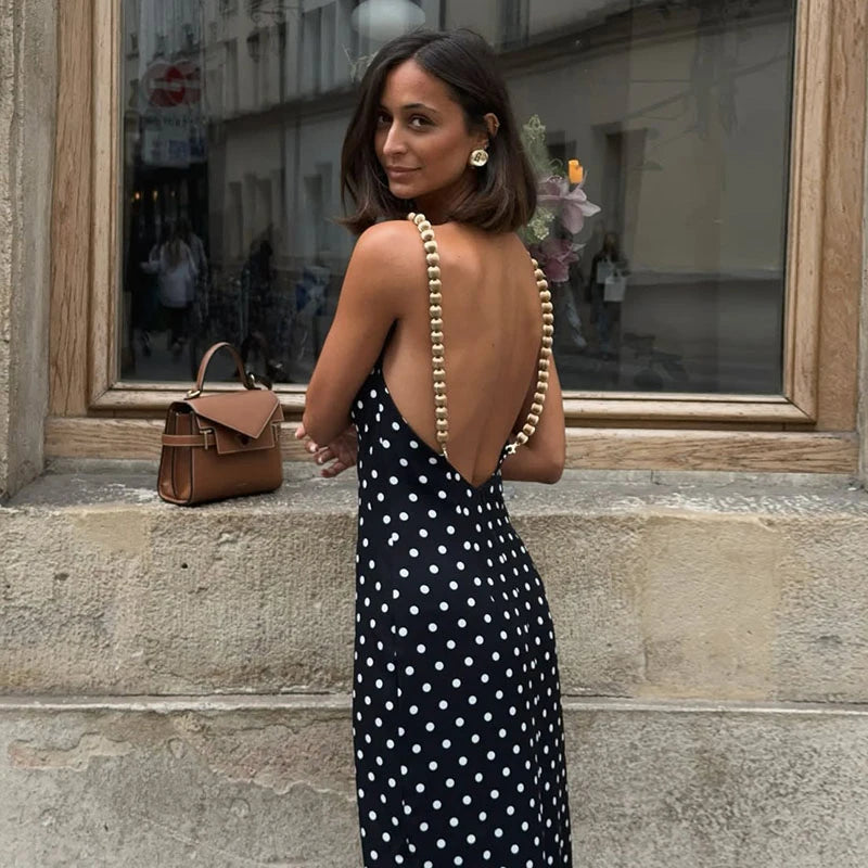 Black Beaded Backless Square Neck Sleeveless Summer Dress For Women