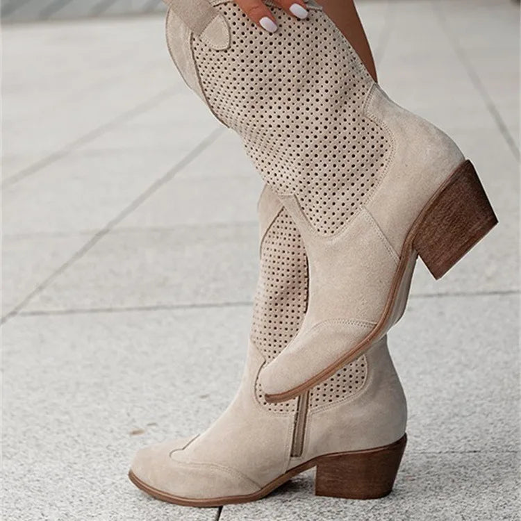 Floral Print Suede Round Toe Med Wedge Boot for Women