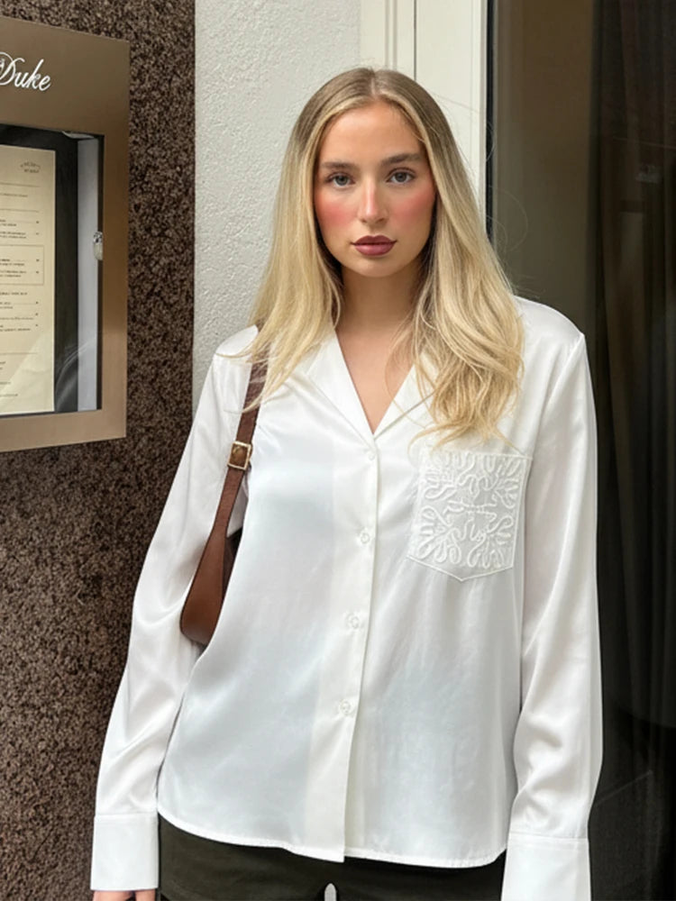 Casual Long Sleeve Pocket Embroidered Shirt for Women