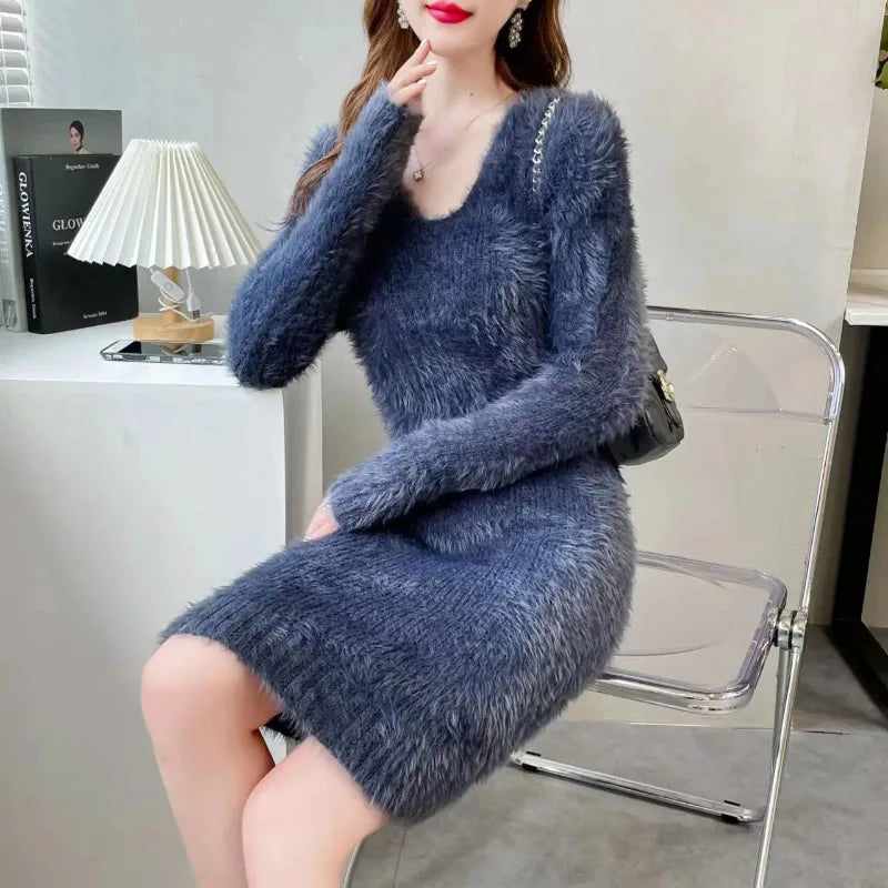 Cozy Faux Mink Knit Sweater Dress