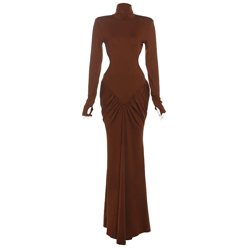 Long Sleeve Backless Ruched Maxi Dress