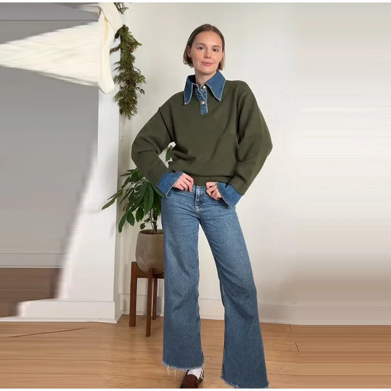 Long Sleeve Denim Collar Half Button Knit Top For Women