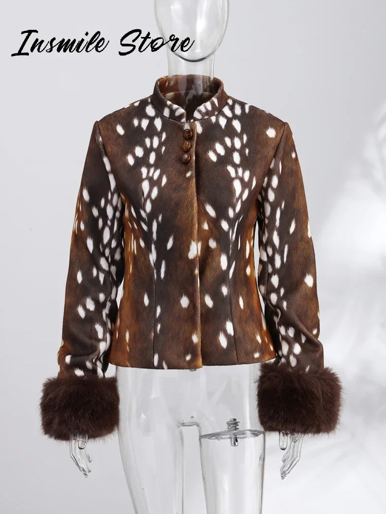 Fitted Vintage Leopard Patchwork Faux Fur Coat for Women