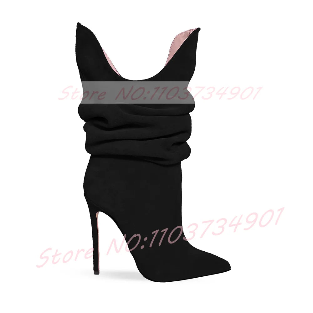 Fuchsia Pleated Pointy Toe High Heel Suede Ankle Boots For Women