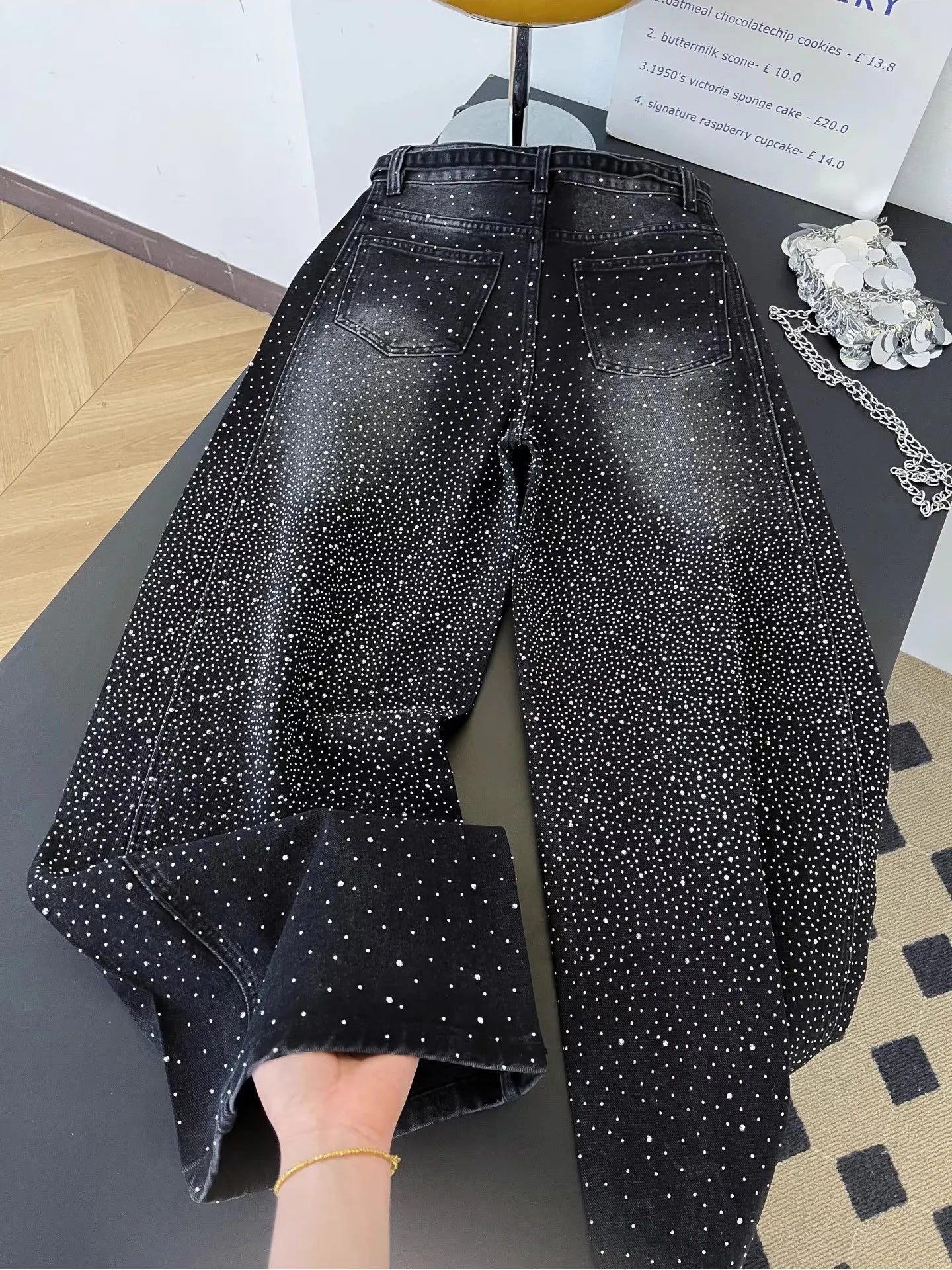 Glittering Rhinestone Wide Leg Denim Pants for Women