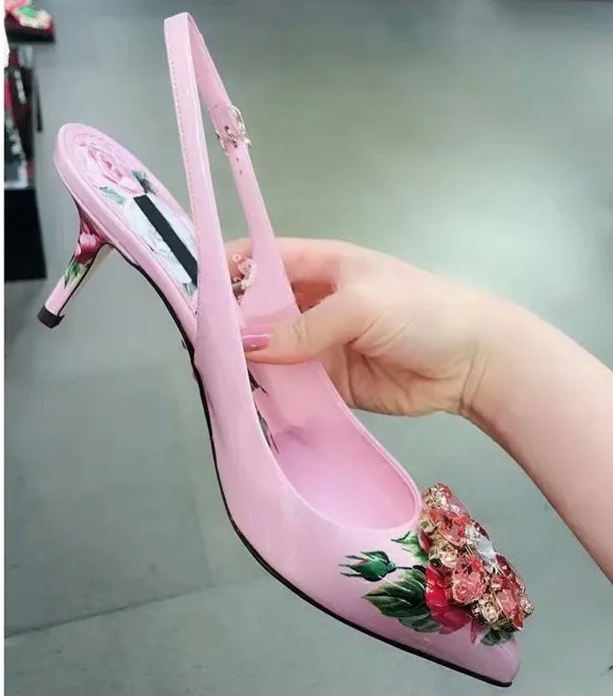 Elegant Pink Floral Rhinestone Slingback Wedding High Heels Pumps for Women