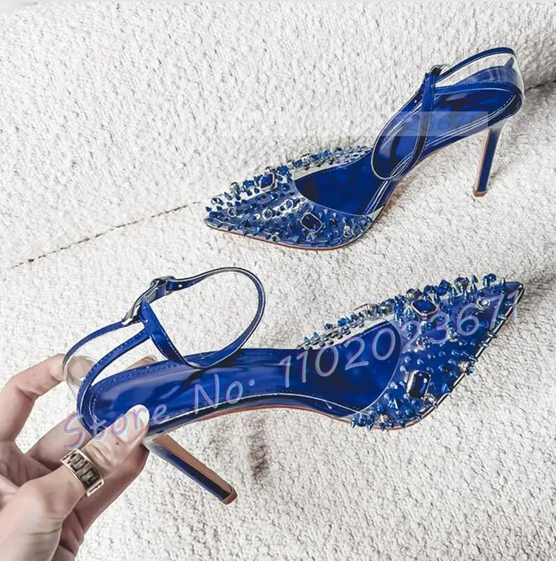Clear Crystal Studded Pointy Toe Ankle Strap Sandals For Women