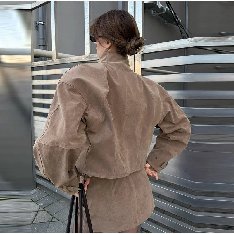 Vintage Suede Jacket and Mini Skirt Two Piece Set for Women