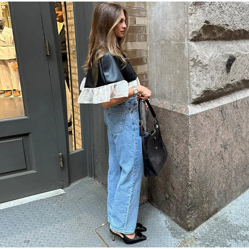 Elegant Mesh Patchwork Short Cape Coat With Stand Collar for Women
