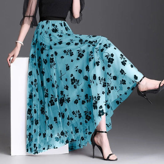 Flocking Floral Pirnted Long Mesh Skirt for Women, High Waist, Max Pleated Tutu, Tulle Skirt, Gauze Skirt, Female, 2025
