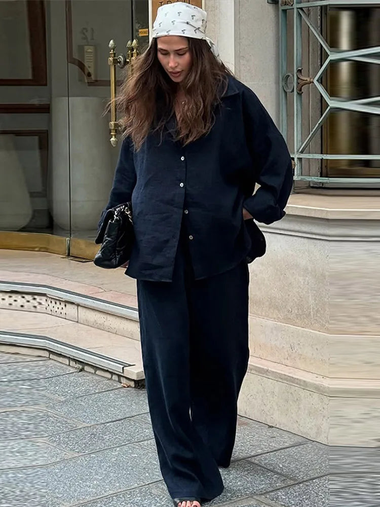 Casual Solid + Shirt and Wide Leg Pants Set + for Women
