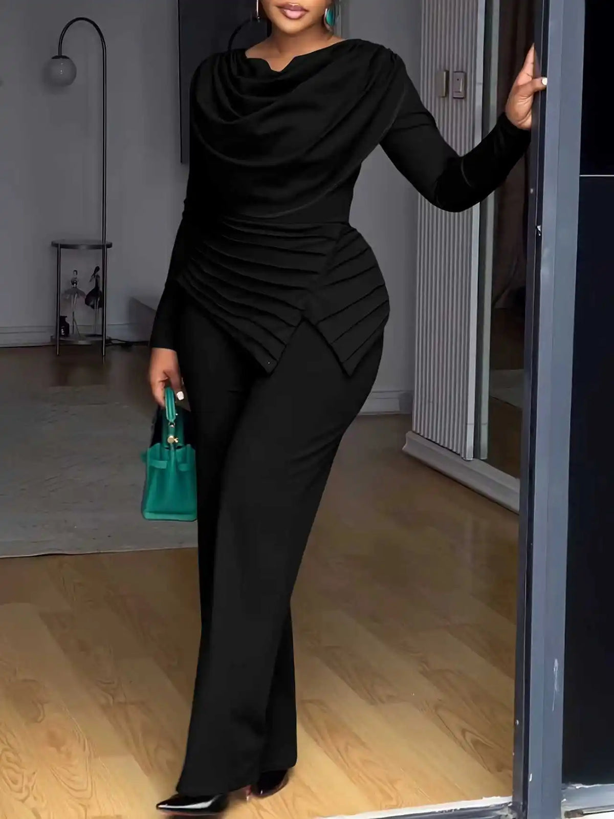Casual Pile Collar Two Piece Wide Leg Pants Set for Women
