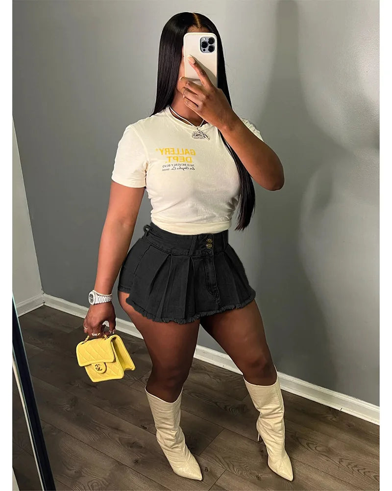 FAGADOER Y2k Denim Shorts Women Pleated Skirt Shorts Summer Stretchy Casual Shorts Retro 90s Fashion Streetwear Short Pants