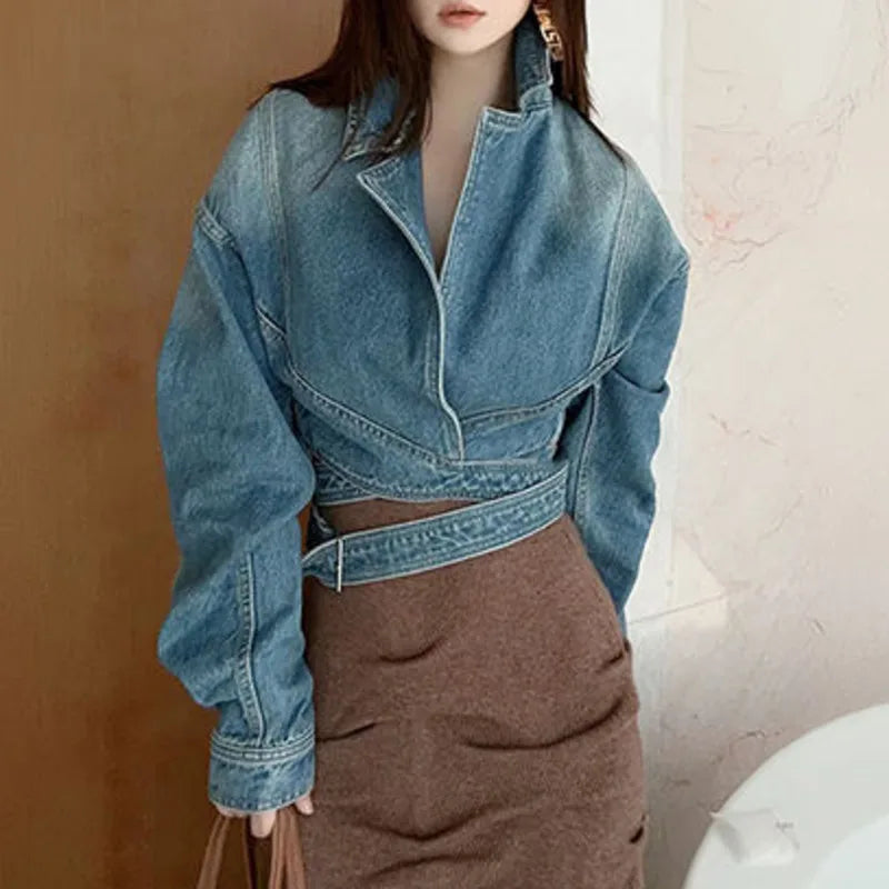 ANJY Autumn New Women Fashion Unique Lace- Up Distressed Washed Denim Jacket High Street Chic Versatile Casual Short Coat A16787