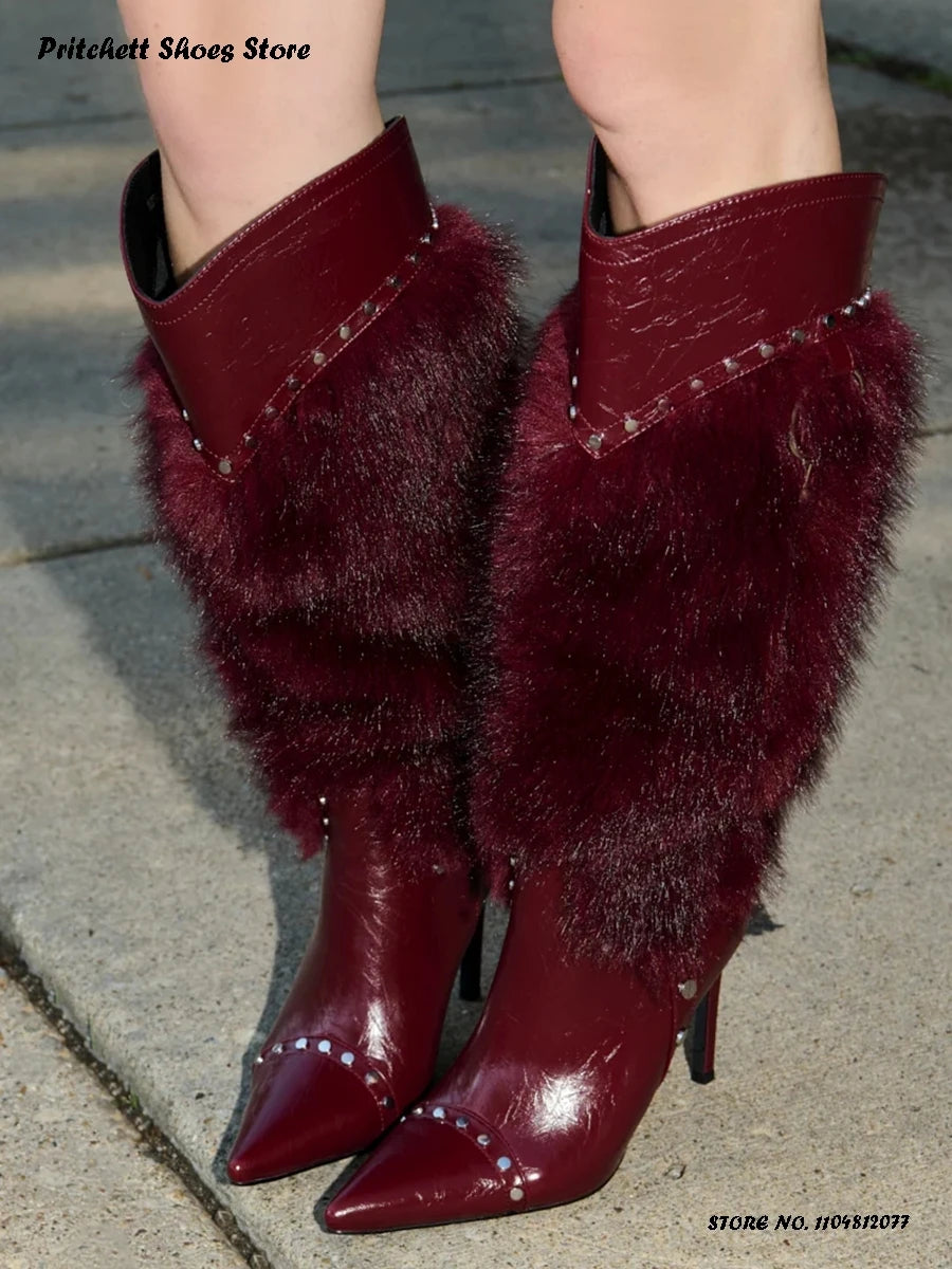 Studded Faux Fur Knee High Open Toe Stiletto Boots for Women