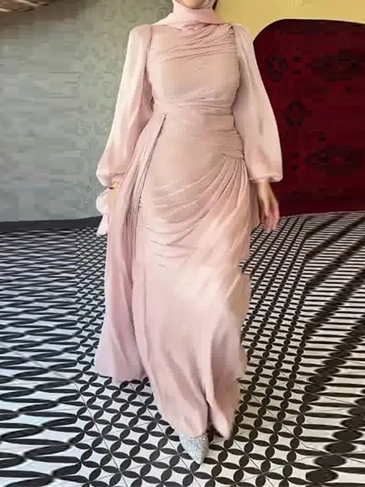 Lantern Sleeve Pleated Maxi With Lace Up O Neck Dress for Women
