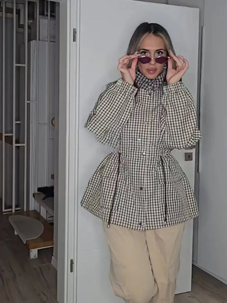 Grid Pattern Stand Collar Long Sleeve Coat for Women