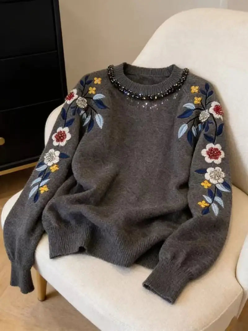 Floral Embroidered Crystal Detail Sweater for Women
