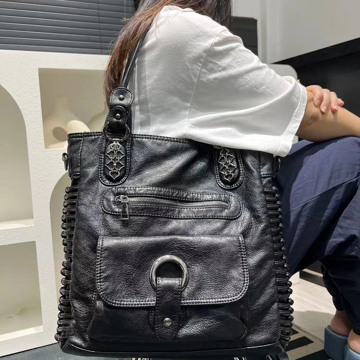 Distressed Vegan Leather Shoulder Tote Bag for Women