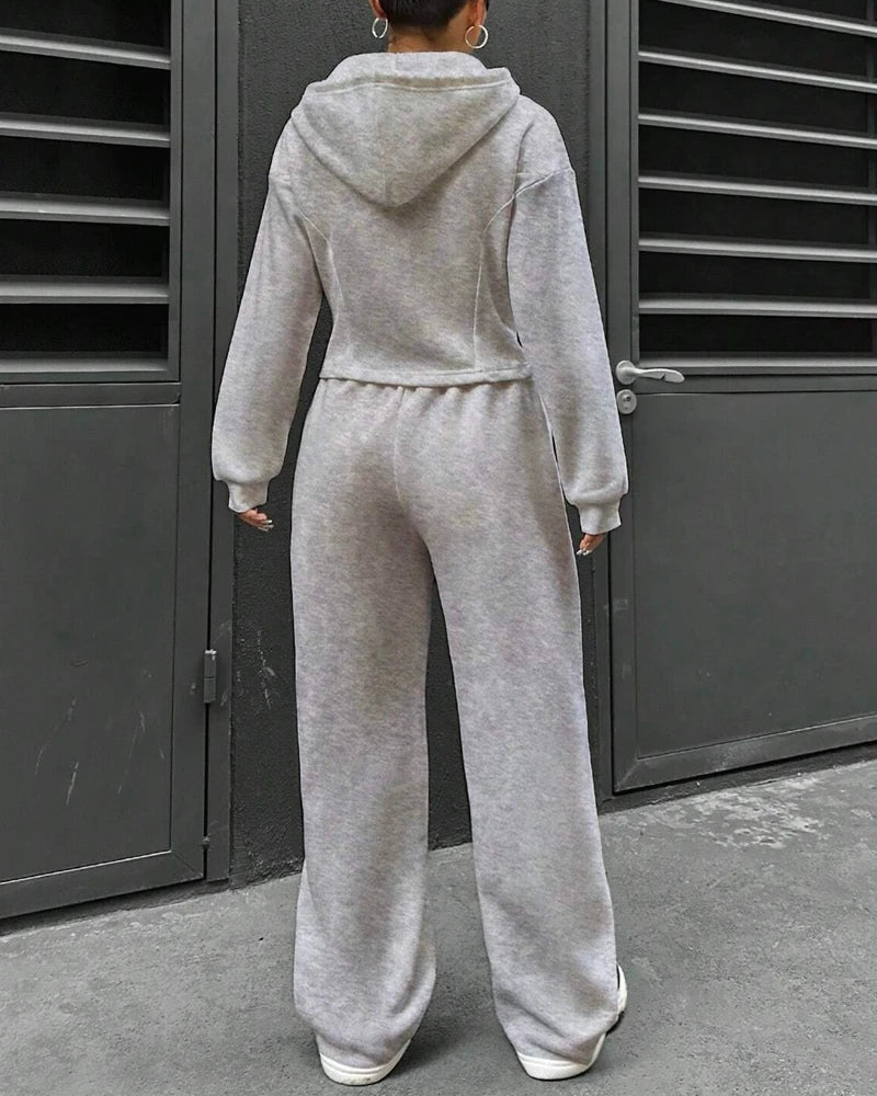 2 Pieces Pants Set Long Sleeve Zip Fly Slim Fit Hooded Top and Casual Wide Leg Pants Set