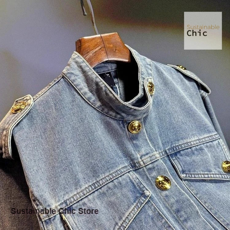 Vintage French Retro Gold Buckle Casual Denim Jacket For Women