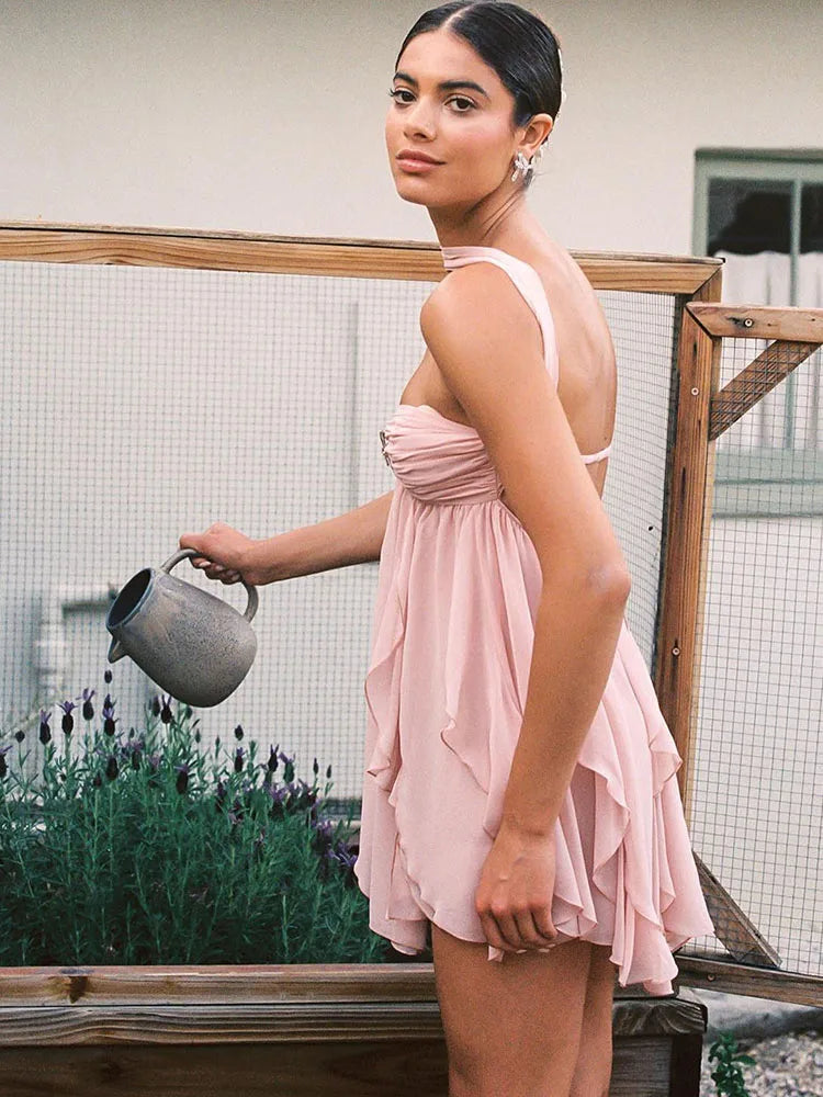 Nibber Backless Metal Starfish Dress Women Low-Nec Chest Wrap Halter Irregular Ruffles Hem Sleeveless Vacation Mini Bodycon