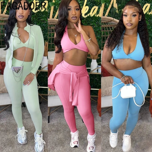 FAGADOER Spring New Solid Legging Pants Tracksuits Women V Neck Sleeveless Vest Long Sleeve Coats+Skinny Pants 3 Piece Outfits
