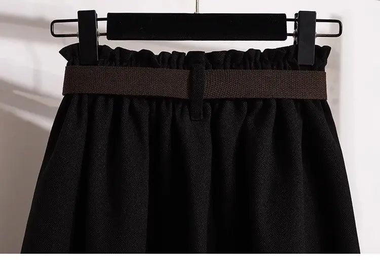 High Waisted Black Wool Midi Skirt With Pockets for Women