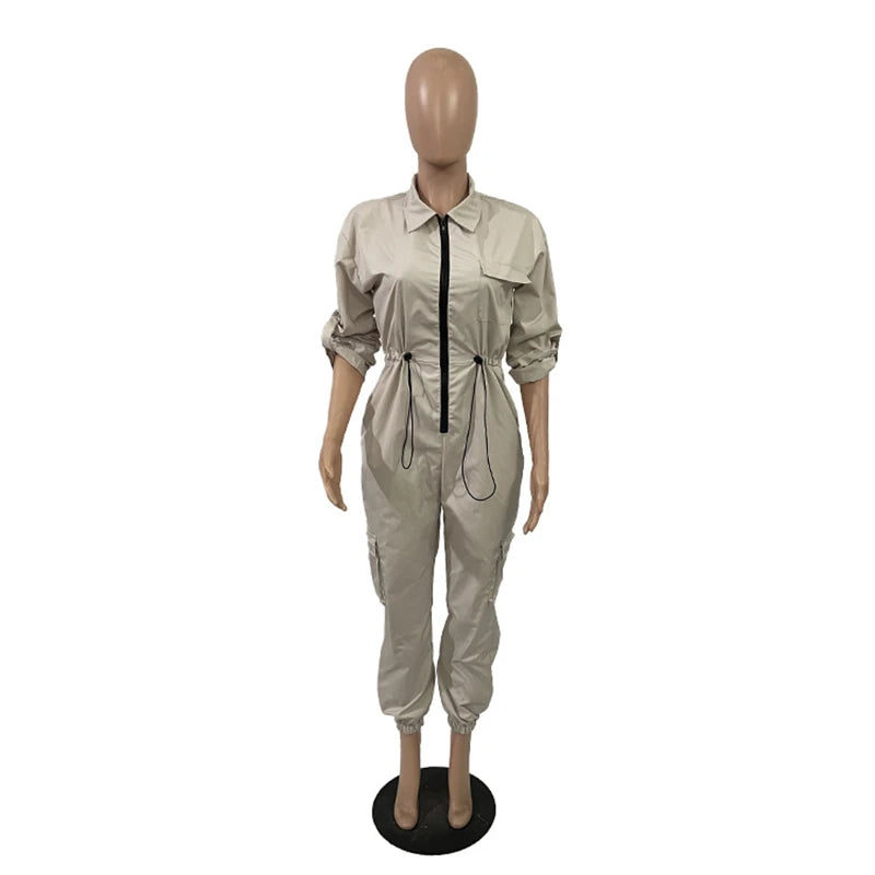 Long Sleeve Utility Cargo Jumpsuit With Pockets for Women