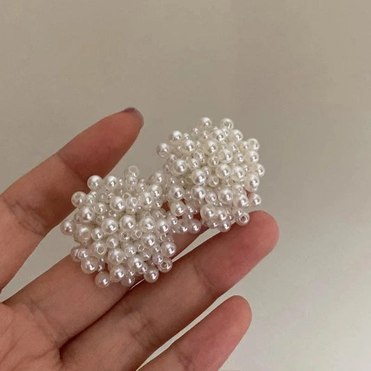 Exquisite Pearl Braided Flower Earrings for Women French Exaggerated Round Brincos Wedding Party Jewelry