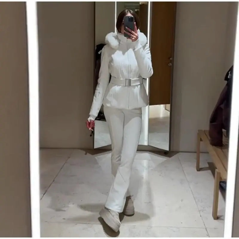 Warm Fur Trim Hooded Winter Ski Suit with Belt for Women