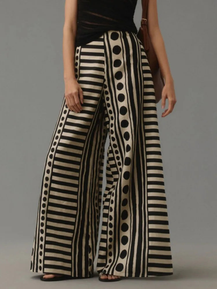 UOOZEE Women's Fashion Polka-Dot Striped Wide Leg Pants Loose High Waisted Pockets Zipper Urban Casual Office Trousers Bottoms