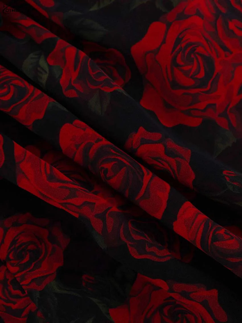 Oymimi Elegant Red Print Womens Dresses Fashion V-Neck Long Sleeve Button Dresses Casual High Waisted Ruffled Mini Dress Female